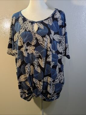 SJS Navy and White Leaf Print Keyhole Blouse